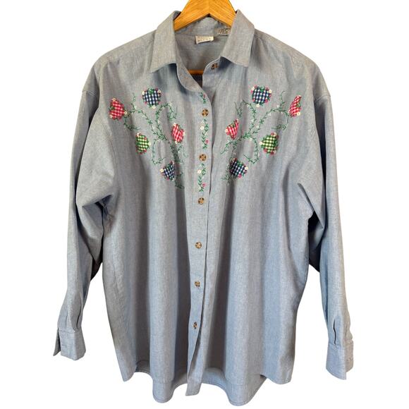 Vintage 80s Button Up Top Sz 20W Chambray Denim Embroidery Grannny Cottage Chic - Picture 2 of 6